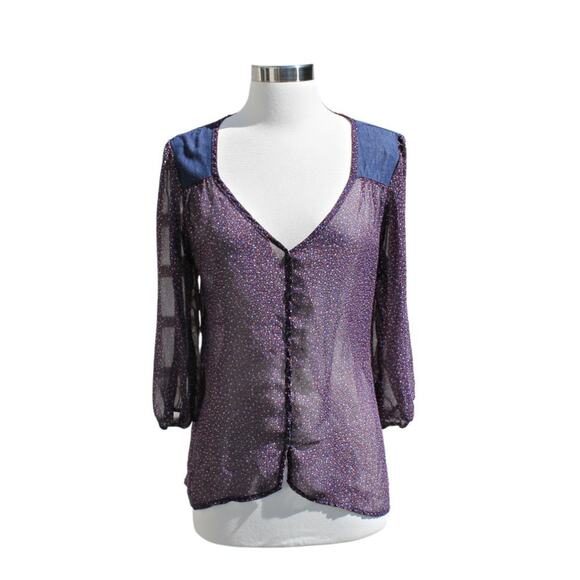 Lily Rose Women's Blouse Denim & Sheer Prairie Cottage Country Indie - Picture 2 of 13